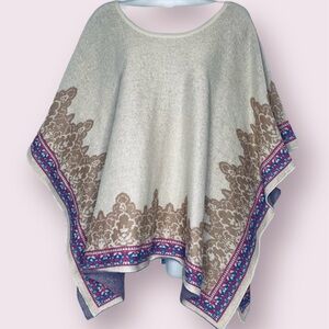 Flawed Boho Poncho Size Medium Beige Tan Pink Blue Arm Holes to put arms through